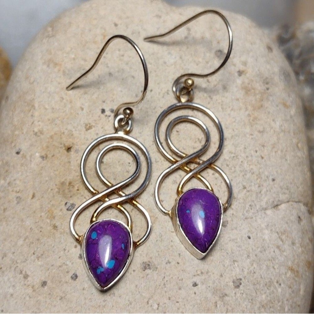 Purple Turquoise .925 Sterling Silver Scroll Dangle Earrings